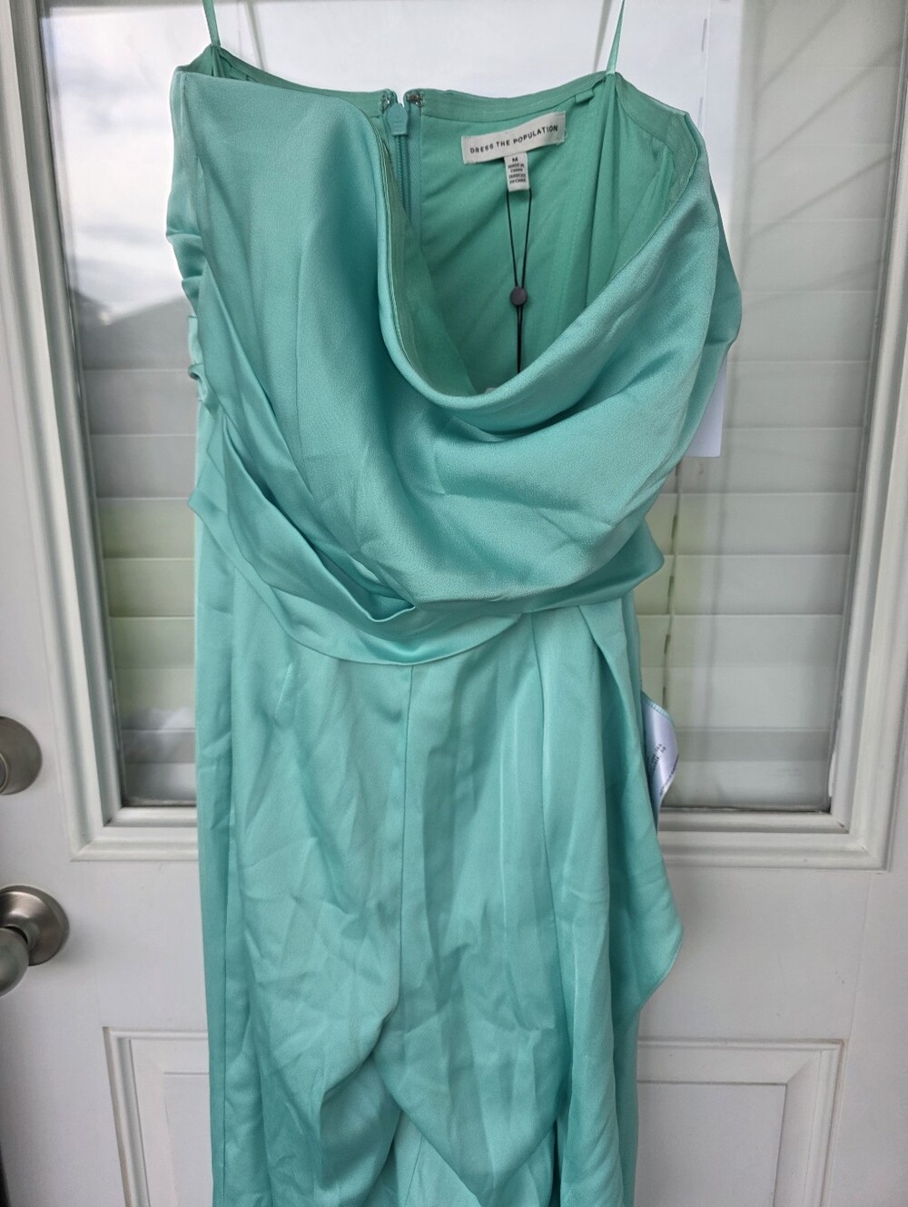 Dress The Population Mint Green Satin Wide Leg Jumpsuit Ruched Cowl Neck Size M - Picture 3 of 12